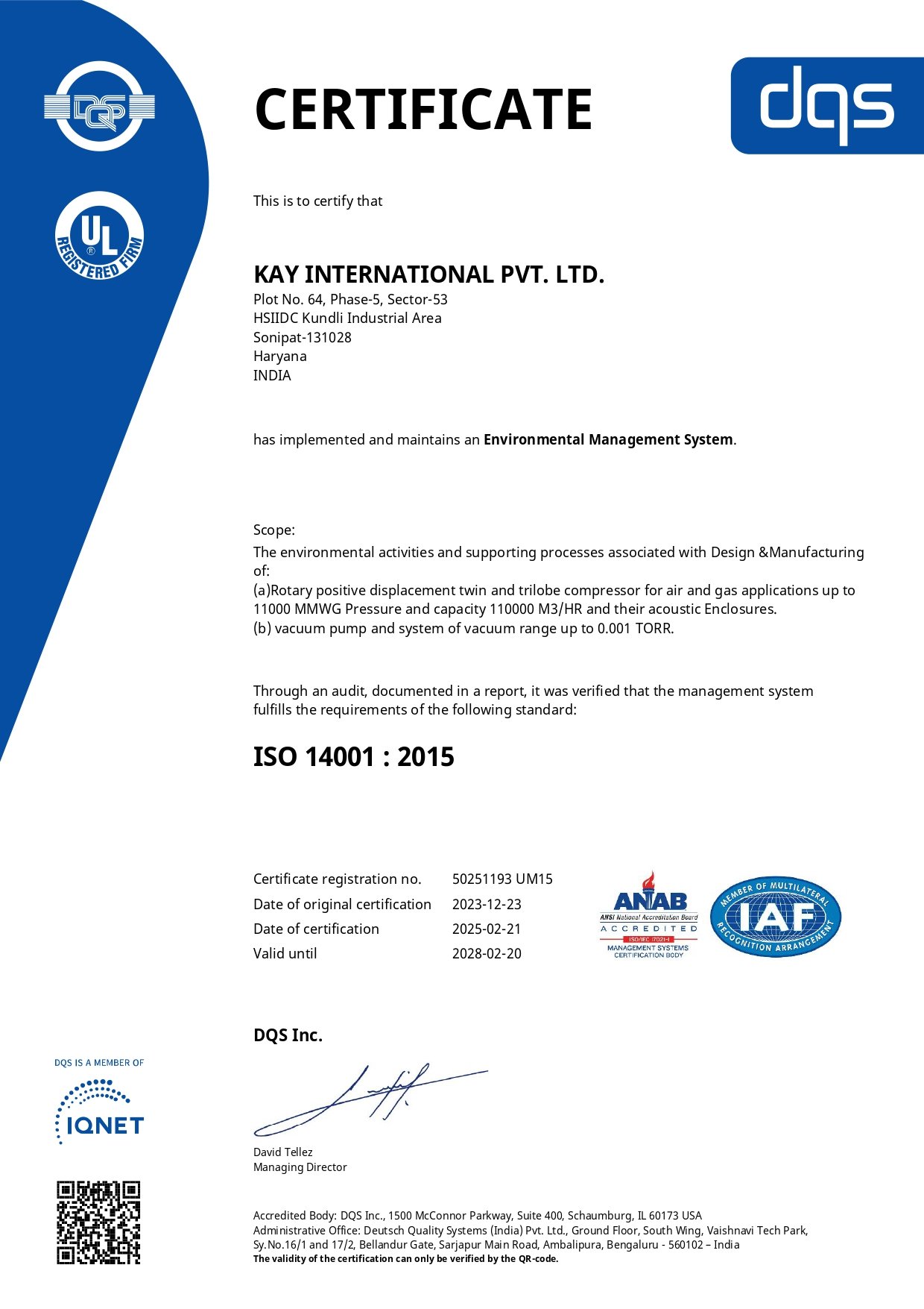 KAY International ISO 14001 certificate