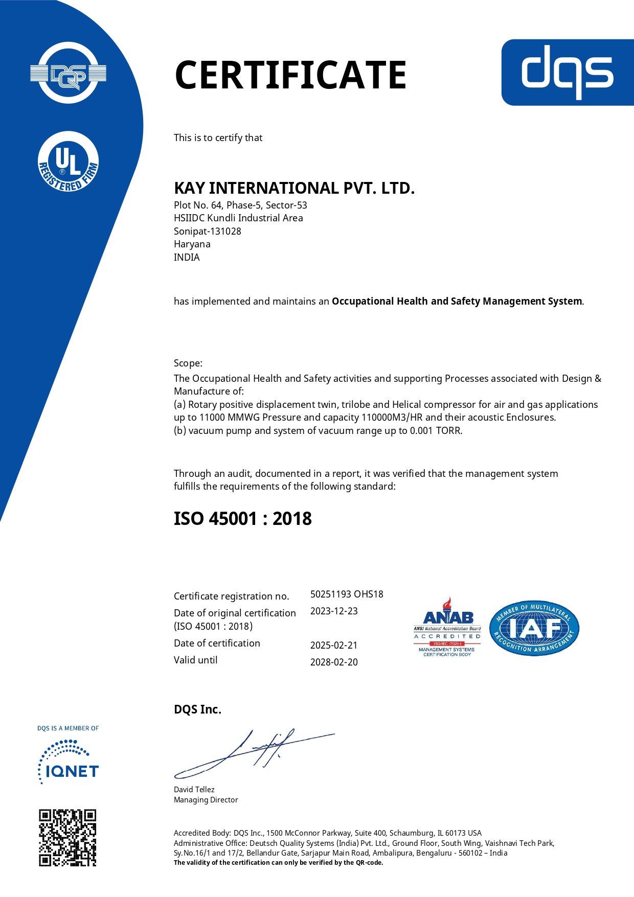 KAY International ISO 45001 certificate